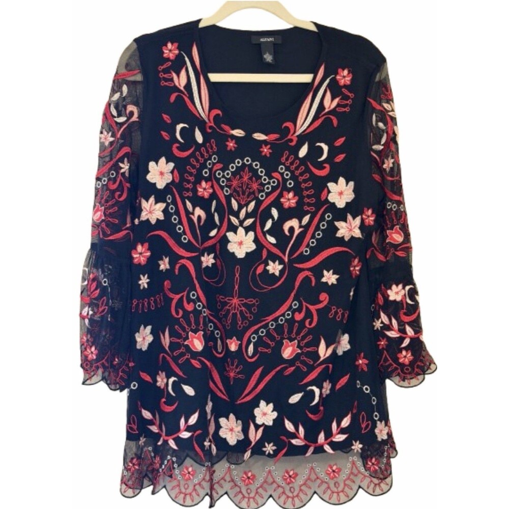 Alfani Embroidered Mesh Tunic Top Large Floral Bell Sleeve Lined Black Pink Boho